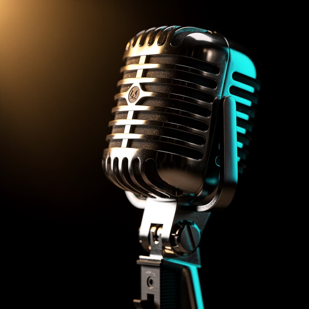 Vintage chrome microphone, dramatic warm key with aqua rim light